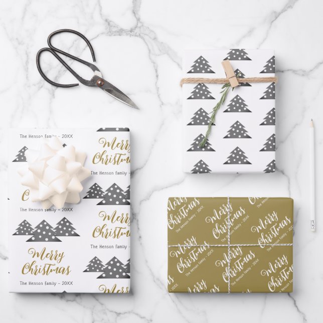 Christmas Tree Pattern Festive Script Family  Wrapping Paper Sheets (Front)