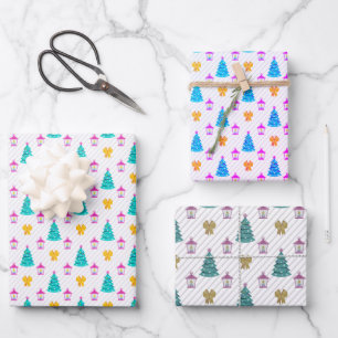 Christmas tree pattern in 3 shades of blue wrapping paper sheets