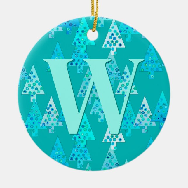 Christmas Tree Pattern in Aqua Personalized  Ceramic Ornament (Front)
