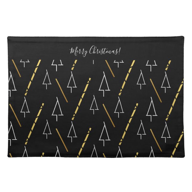 Christmas Tree Pattern In Black, White and Gold Cloth Placemat (Front)