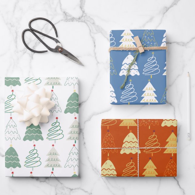 Christmas Tree Pattern in Retro Green Blue Russet Wrapping Paper Sheets (Front)