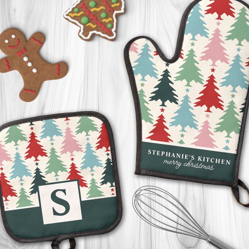 Christmas Tree Pattern Multicolor Monogrammed Oven Mitt  Pot Holder Set