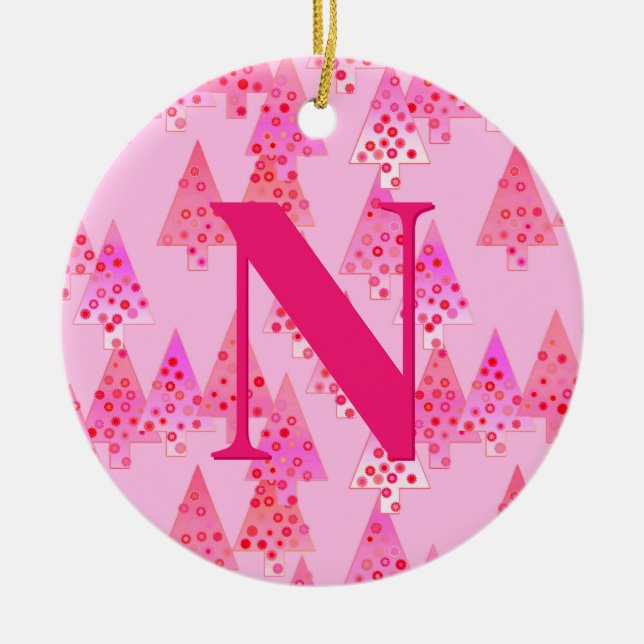 Christmas Tree Pattern, Pastel Pink Personalized  Ceramic Ornament (Front)
