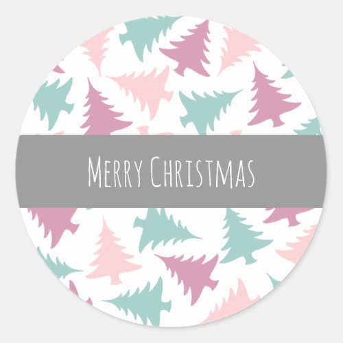 Christmas tree pattern pastel pink purple green classic round sticker
