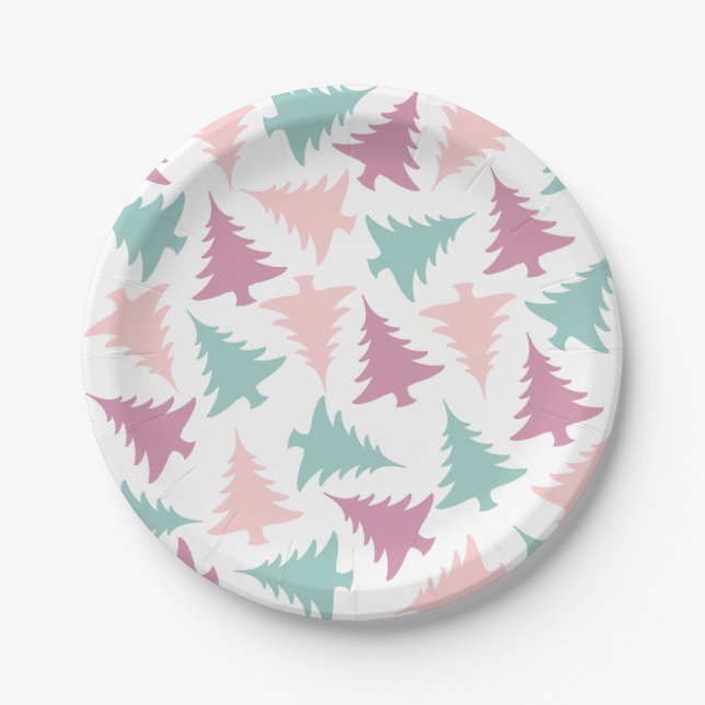 Christmas tree pattern pastel pink purple green paper plates (Front)