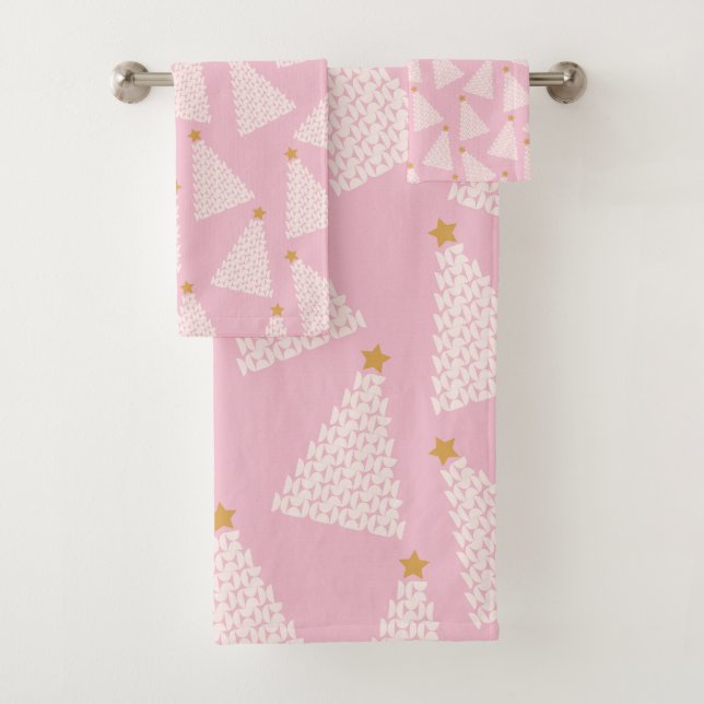 Christmas Tree Pattern Pink Bath Towel Set (Insitu)