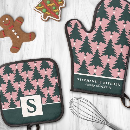 Christmas Tree Pattern Pink Green Monogrammed Oven Mitt &Amp;Amp; Pot Holder Set