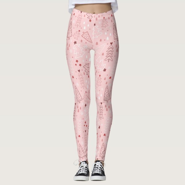 Christmas Tree Pattern Pink Leggings (Front)