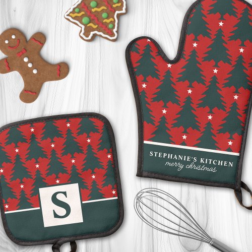 Christmas Tree Pattern Red Green Monogrammed Oven Mitt  Pot Holder Set