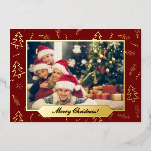 Christmas Tree Pattern Red Photo Gold Foil Holiday Card