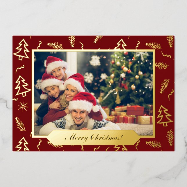 Christmas Tree Pattern Red Photo Gold Foil Holiday Card (Front)