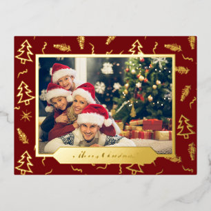 Christmas Tree Pattern Red Photo Gold Foil Holiday Postcard