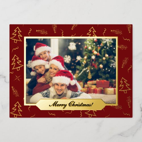 Christmas Tree Pattern Red Photo Gold Foil Holiday Postcard