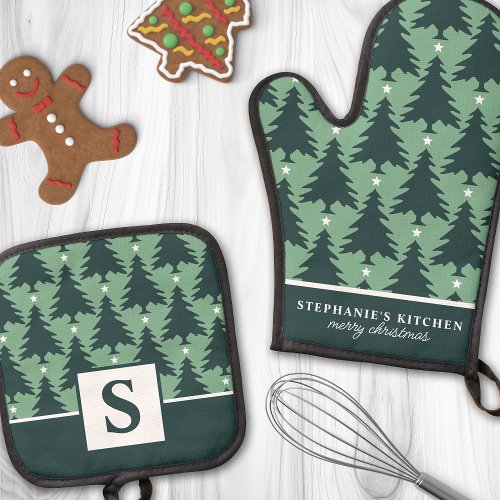 Christmas Tree Pattern Sage Green Monogrammed Oven Mitt &Amp;Amp; Pot Holder Set