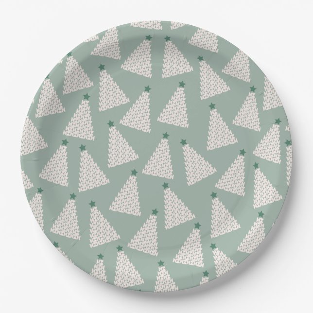 Christmas Tree Pattern Sage Green Paper Plates (Front)