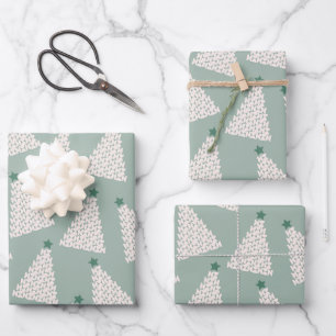 Christmas Tree Pattern Sage Green Wrapping Paper Sheets