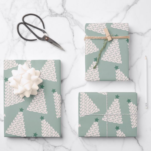 Christmas Tree Pattern Sage Green Wrapping Paper Sheets (Front)