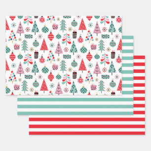 Christmas Tree Pattern & Stripes Cute Modern Wrapping Paper Sheets