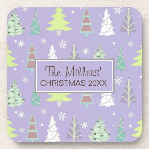 Christmas Tree Pattern Violet and Lime Green ID175 Beverage Coaster