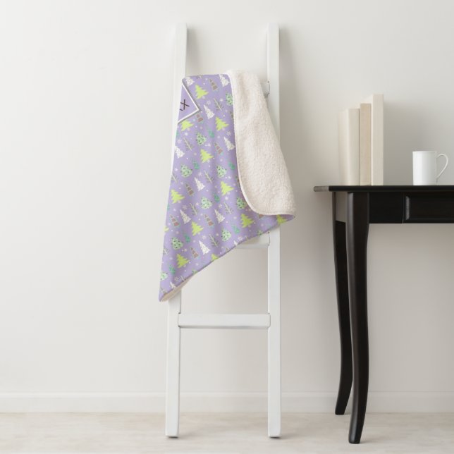 Christmas Tree Pattern Violet and Lime Green ID175 Sherpa Blanket (In Situ)