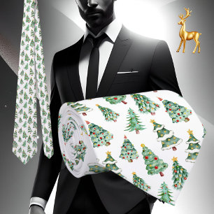 Christmas tree pattern white green winter neck tie