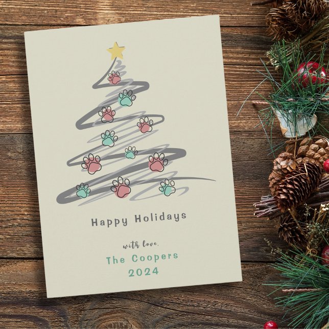 Christmas Tree Paw Print Ornament Holiday Card (Happy Holidays! Festive Christmas Tree with cute paw print ornaments. Simple and modern Xmas card!)