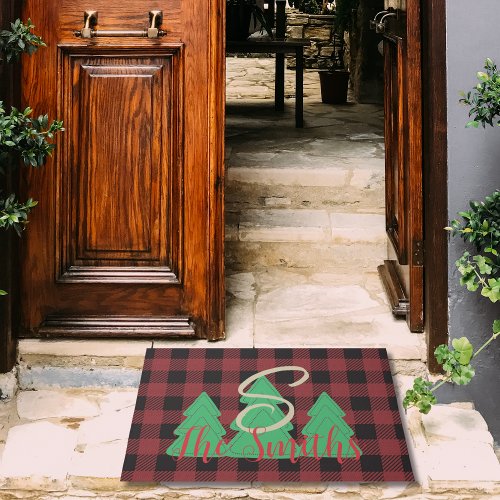 Christmas Tree Personalized Dark Red Buffalo Check Doormat