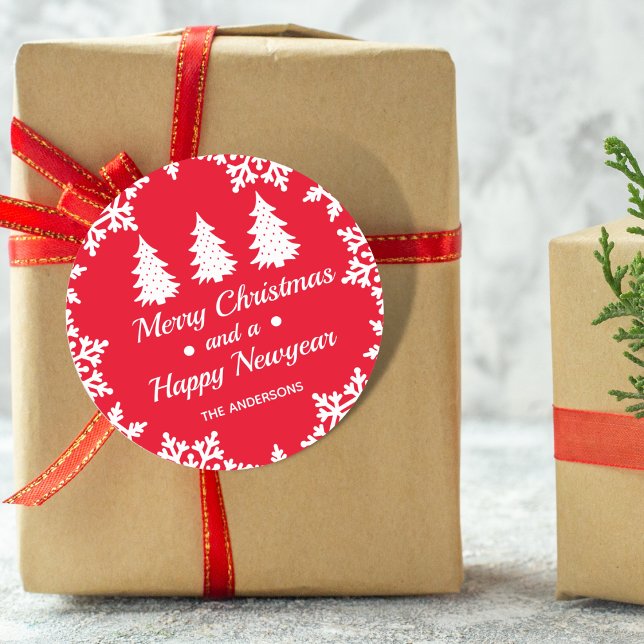 Christmas Tree Personalized Merry Christmas Red Classic Round Sticker (Creator Uploaded)