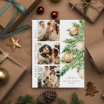 Christmas Tree Photo Collage Christmas Holiday Card<br><div class="desc">Greet your loved ones in a warm, festive style this Christmas with a stylish holiday card featuring three of your favorite photos! Boldly printed on high-quality cardstock, the beautiful watercolor Christmas tree is decorated with Champagne shades of gold and cream baubles with glittering string lights, bringing a warm, welcoming holiday...</div>