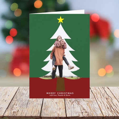 Christmas Tree Photo Cutout Modern Green Red Cute Holiday Card