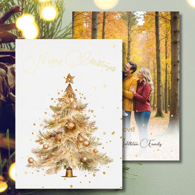 Christmas Tree Photo Merry Gold Holiday Card (Creator Uploaded)
