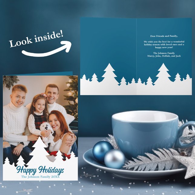 Christmas Tree Photo Overlay Cute Blue Family Holiday Card (Creator Uploaded)