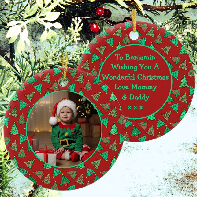 Christmas Tree | Photo Red And Green Kids Ceramic Ornament (Front And Back View)