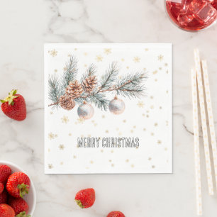 Christmas Tree Pine Cones Ornaments Gold Snowflake Napkins