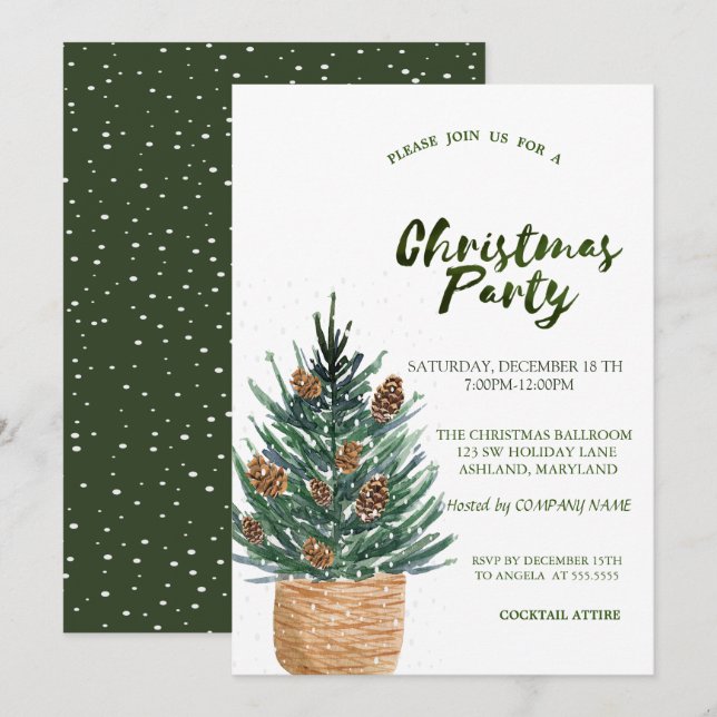 Christmas Tree,Pine Cones Snow Christmas Party Invitation (Front/Back)