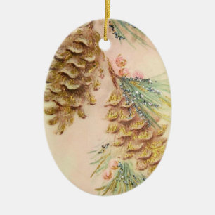 Christmas Tree Pinecones Sparkle Look Vintage Ceramic Ornament