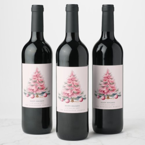 Christmas Tree Pink Baubles Wine Labels
