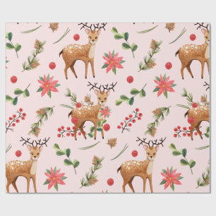 Christmas Tree Pink Berries Deer Wrapping Paper
