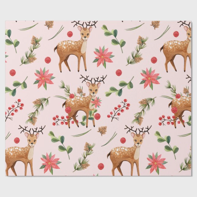 Christmas Tree Pink Berries Deer Wrapping Paper (Flat)