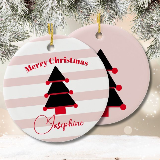 Christmas Tree Pink Black Red Modern Ceramic Ornament (Creator Uploaded)