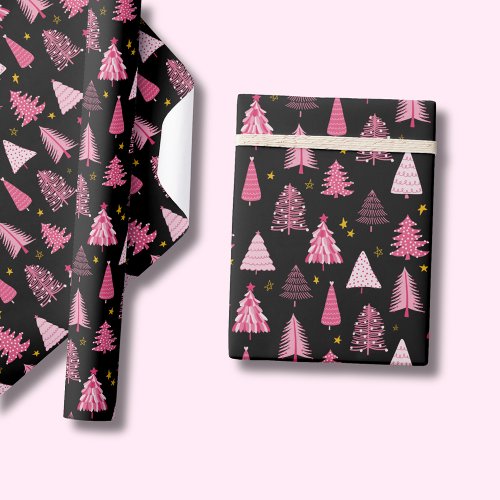 Christmas Tree Pink Black Wrapping Paper