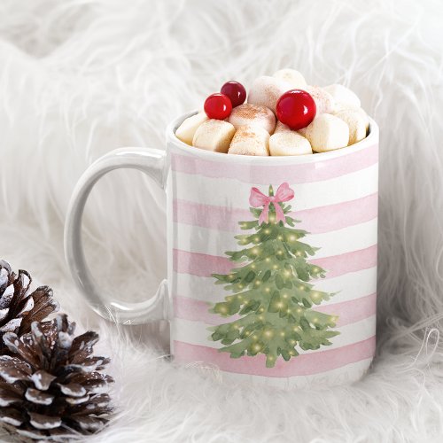 Christmas Tree Pink Bow  Stripes Holiday Mug
