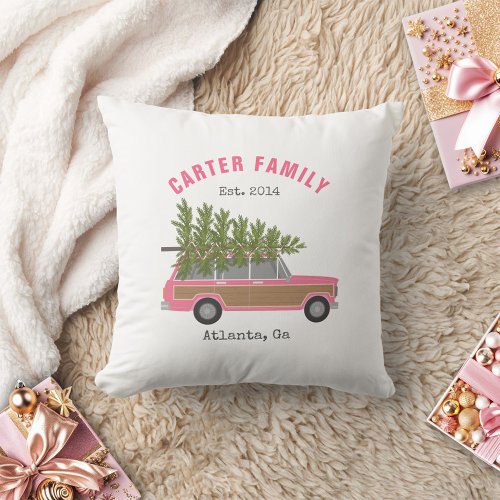 Christmas Tree Pink Family Wagon Car Throw Pillow
