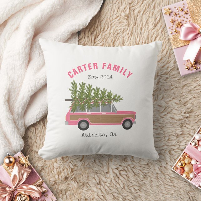 Christmas Tree Pink Family Wagon Car Throw Pillow (Creator Uploaded)