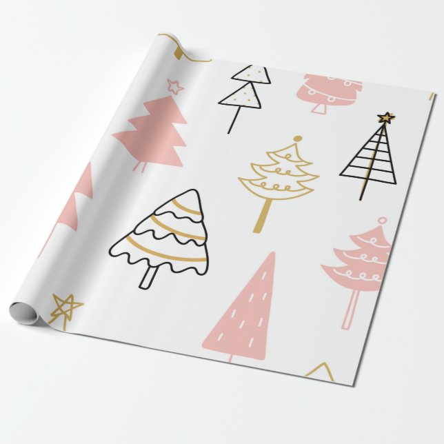Christmas Tree Pink Gold  Wrapping Paper (Unrolled)