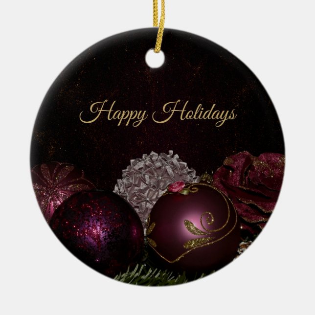 Christmas Tree Pink Green Leaves Black Elegant Ceramic Ornament (Front)