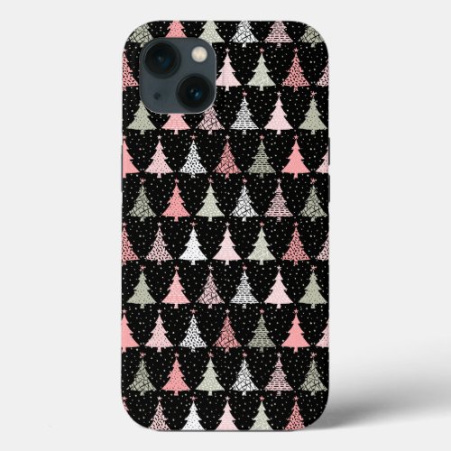 Christmas Tree Pink  Green with Black Background iPhone 13 Case