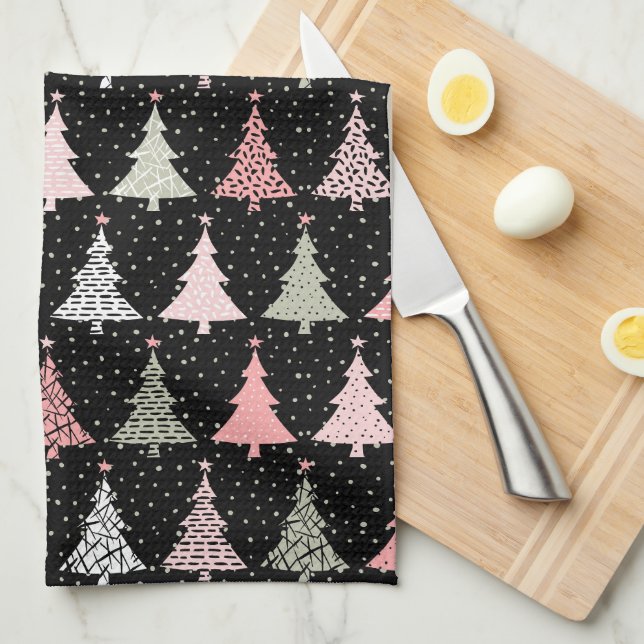 Christmas Tree Pink & Green with Black Background Kitchen Towel (Quarter Fold)