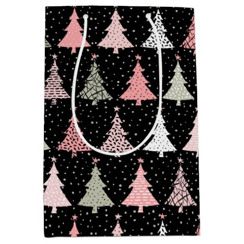 Christmas Tree Pink  Green with Black Background Medium Gift Bag
