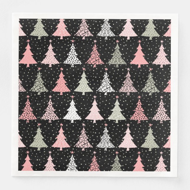 Christmas Tree Pink & Green with Black Background Paper Dinner Napkins (Front)